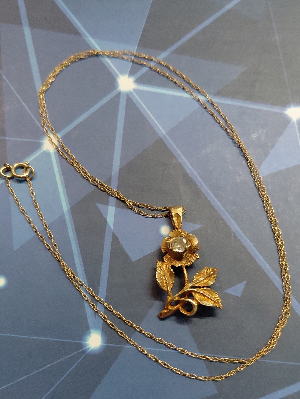 14 K Gold Flower With Real Diamond Necklace - Gold